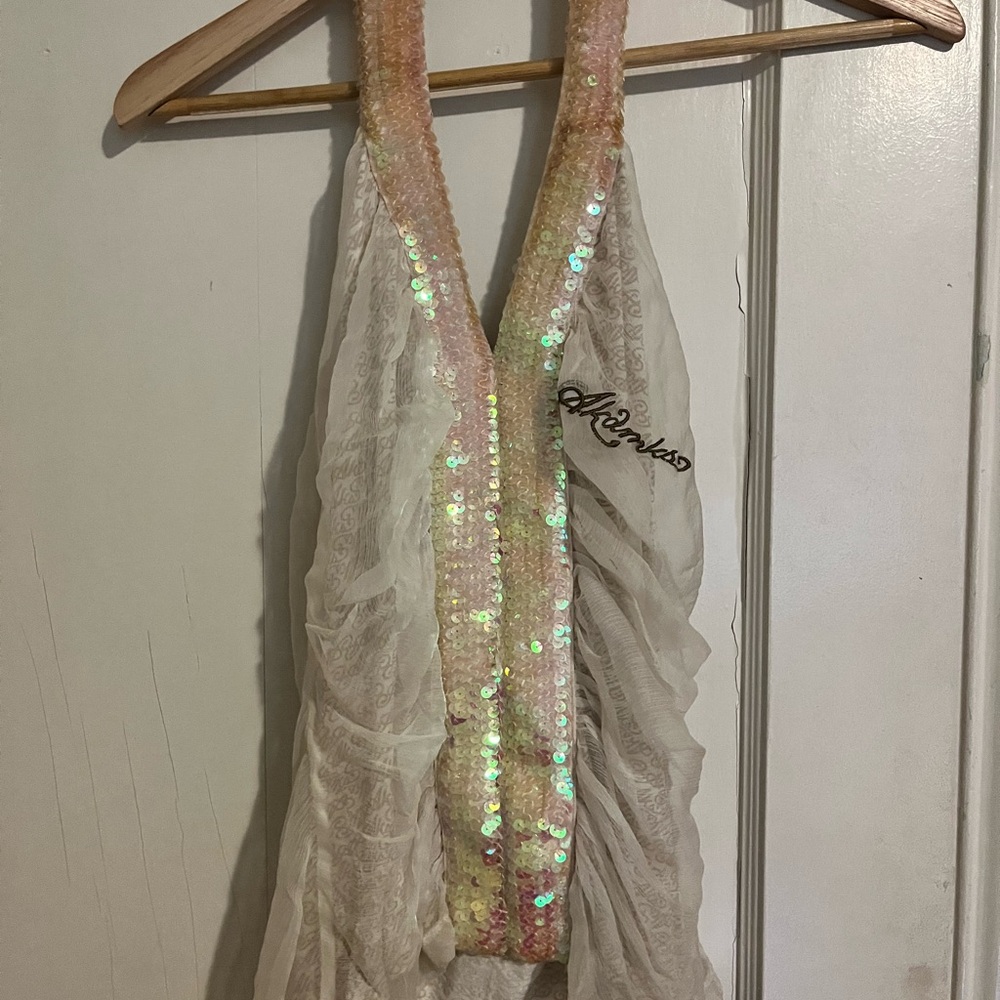 Sequin Halter Dress with Lace Overlay